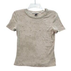 Anewsta Beige Ribbed Knit Faux Pearl Embellished Short Sleeve Top Women's Size 6